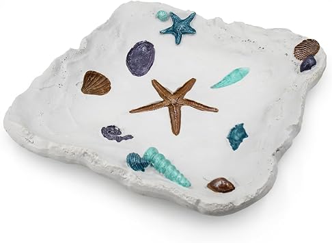 White Resin Ocean Tray, Decorative Seashell Starfish Conch Bowl Key Trinket Storage, Coastal Centerpiece Table Decor for Home Living Room Kitchen, Beach Themed Wedding Party Decor