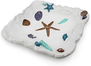 White Resin Ocean Tray, Decorative Seashell Starfish Conch Bowl Key Trinket Storage, Coastal Centerpiece Table Decor for Home Living Room Kitchen, Beach Themed Wedding Party Decor