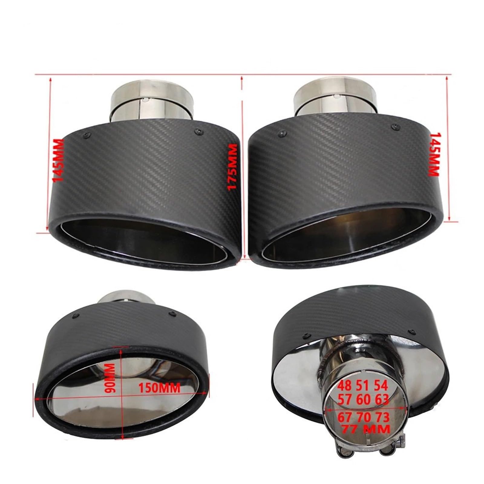 Car Silencer Universal Car matowa końcówka tłumika z włókna węglowego dekoracja dyszy rury wydechowej stal nierdzewna srebrny owalny 150mm przechylanie lewy prawy(Left 73MM)