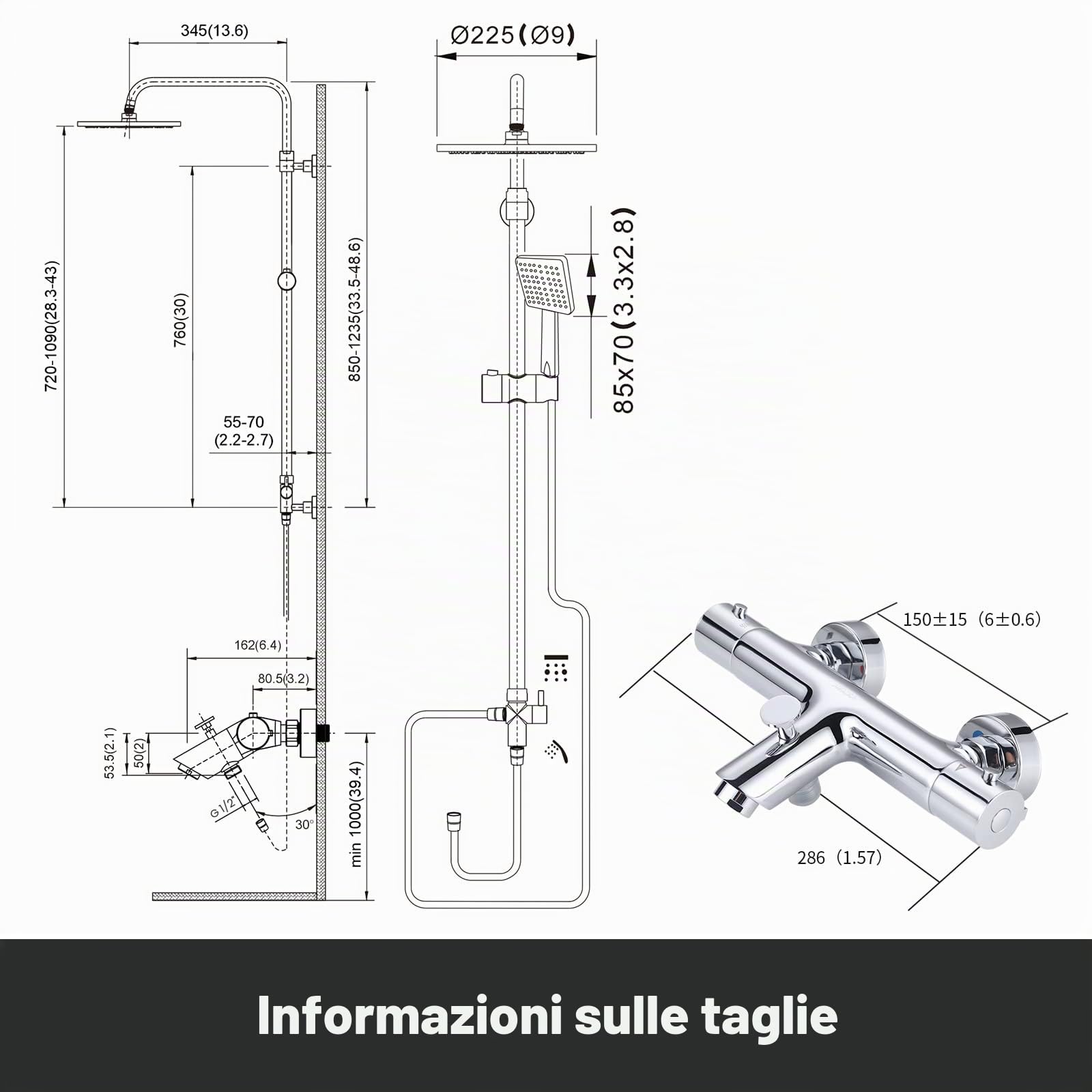ARCORA Set Doccia Termostatico Completo, Sistema Doccia, Rame e Acciaio Inox, Miscelatore Vasca Doccia Termostatico 38℃, 3 Modalità di Erogazione, Cambio Facile Doccia-Vasca, Cromato