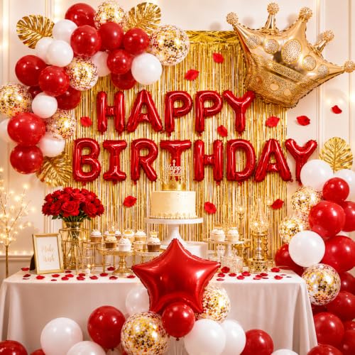 Image of Red Birthday Decorations for Girls | Red Party Decorations, White Gold Confetti Balloons, Curtain for Bithday Baby Shower Wedding Anniversary Bachelorette Party