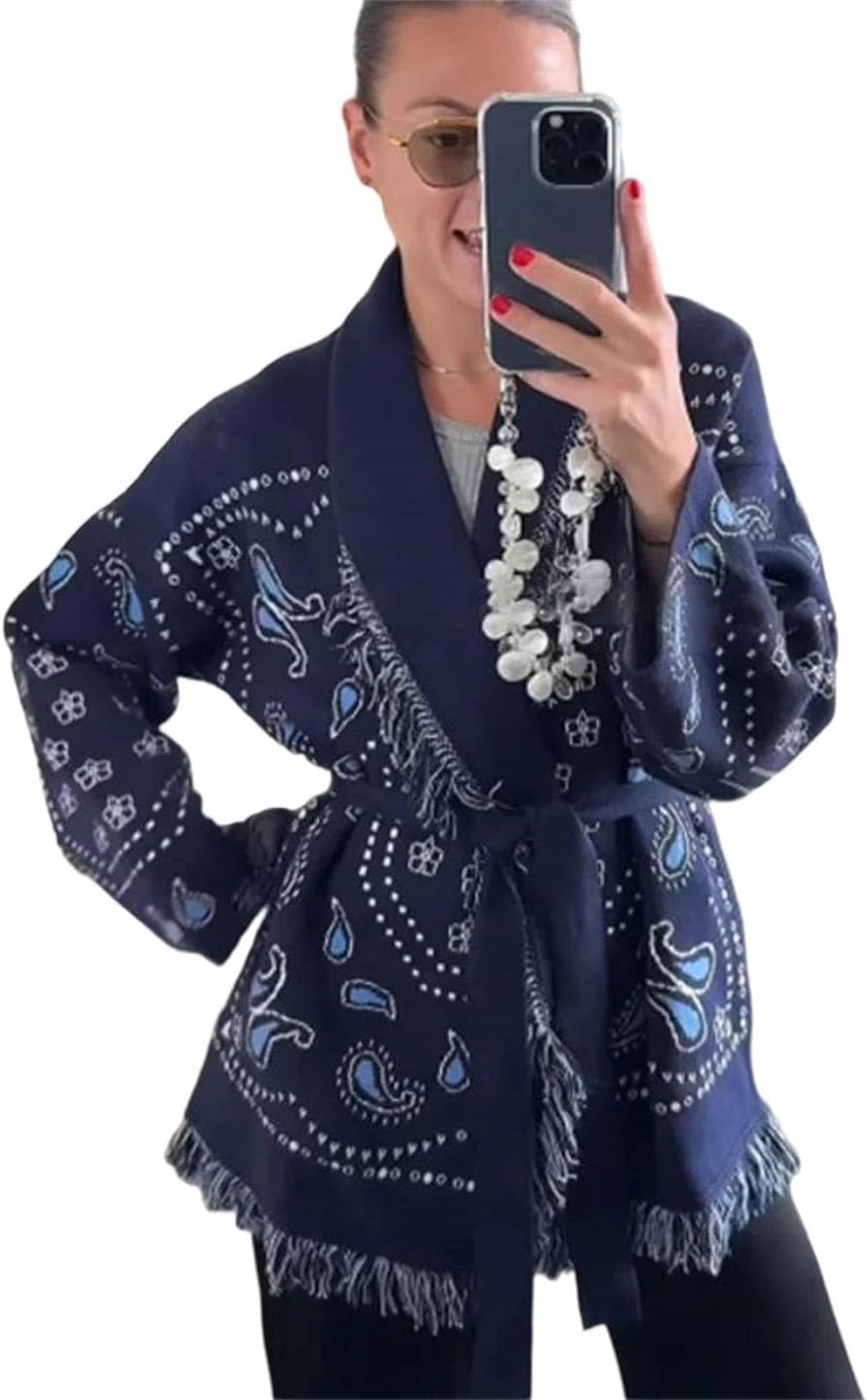 Women Tassel Patchwork Printed Cardigan Geometric Patterns Belts V-Neck Long Sleeve Knitted Sweater Coat