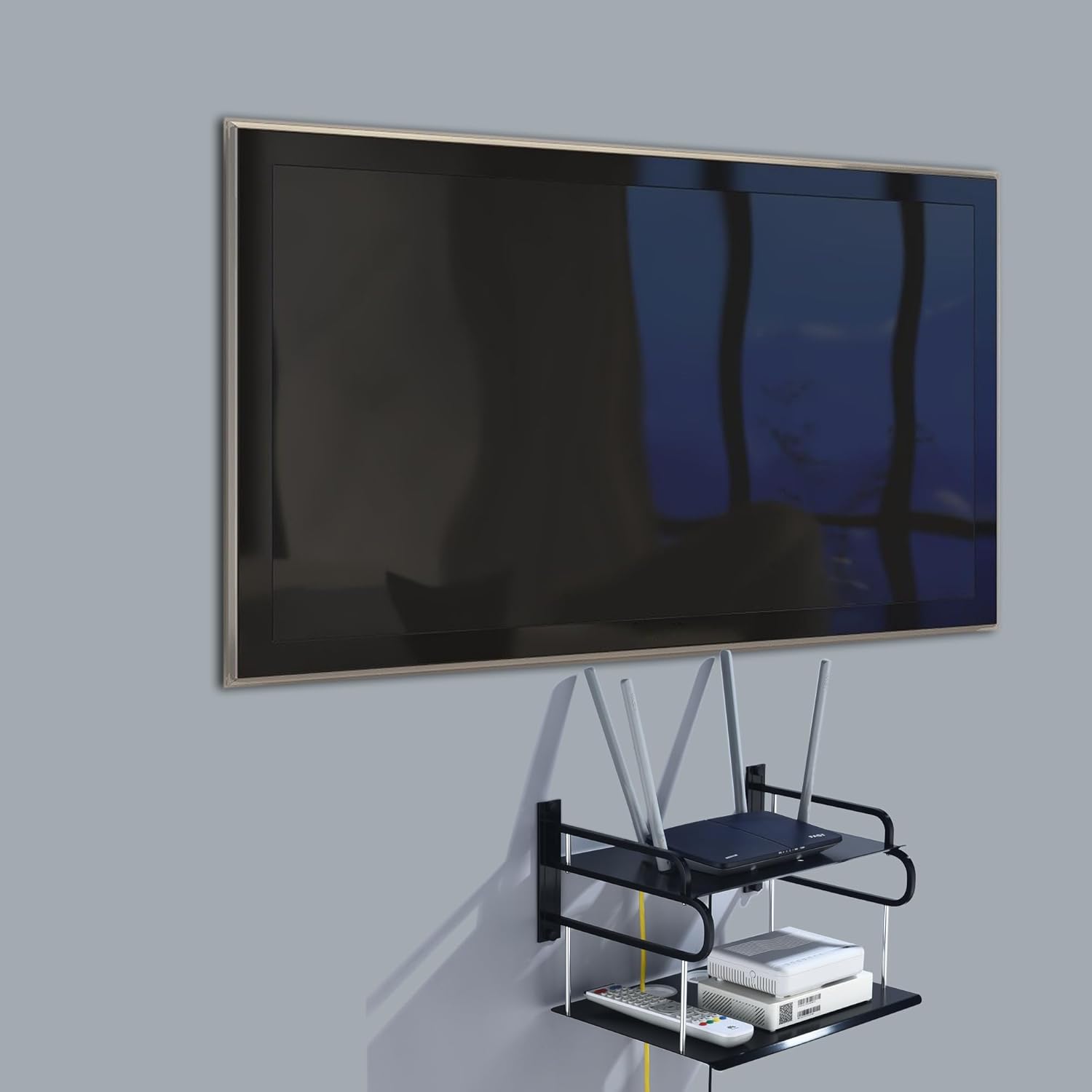 HNVNER Floating AV Shelves,Projector Wall Mount DVD Shelf,Floating Entertainment Center Bracke Under TV for Cable Boxes/Games Console/DVR/TV Accessories (Double Layer)