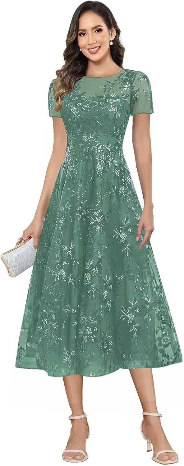 Sequin Mother of The Bride Dresses for Women Short Sleeve Formal Party Gown Tea Length Wedding Guest Dress