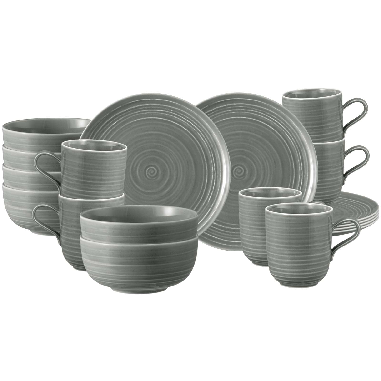 Seltmann Weiden Terra Service de petit-déjeuner 18 pièces, tasses à café, bols à céréales et assiettes à petit-déjeuner pour 6 personnes, en relief, en spirale, passent au lave-vaisselle et au