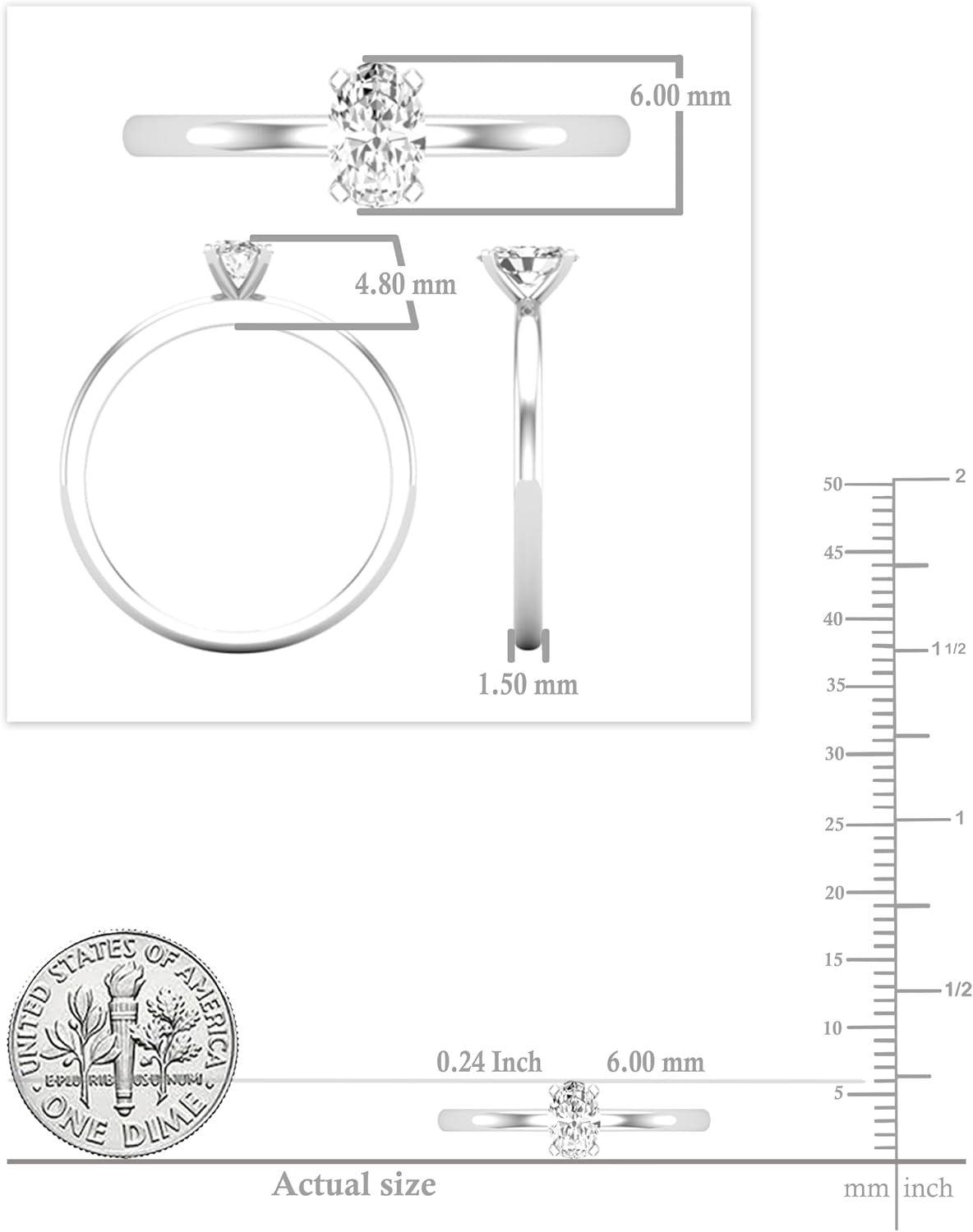 Solitaire Ring 0.50 Carat Oval Lab Grown White Diamond or Cubic Zirconia for Her in 925 Sterling Silver