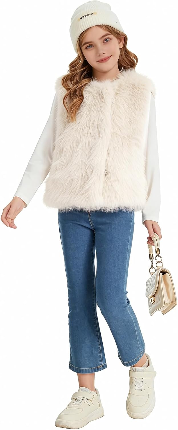 Flygo Girls Faux Fur Vest Kids Sleeveless Open Front Fluffy Jacket Warm Winter Fuzzy Waistcoat Outerwear with Pockets - Image 6