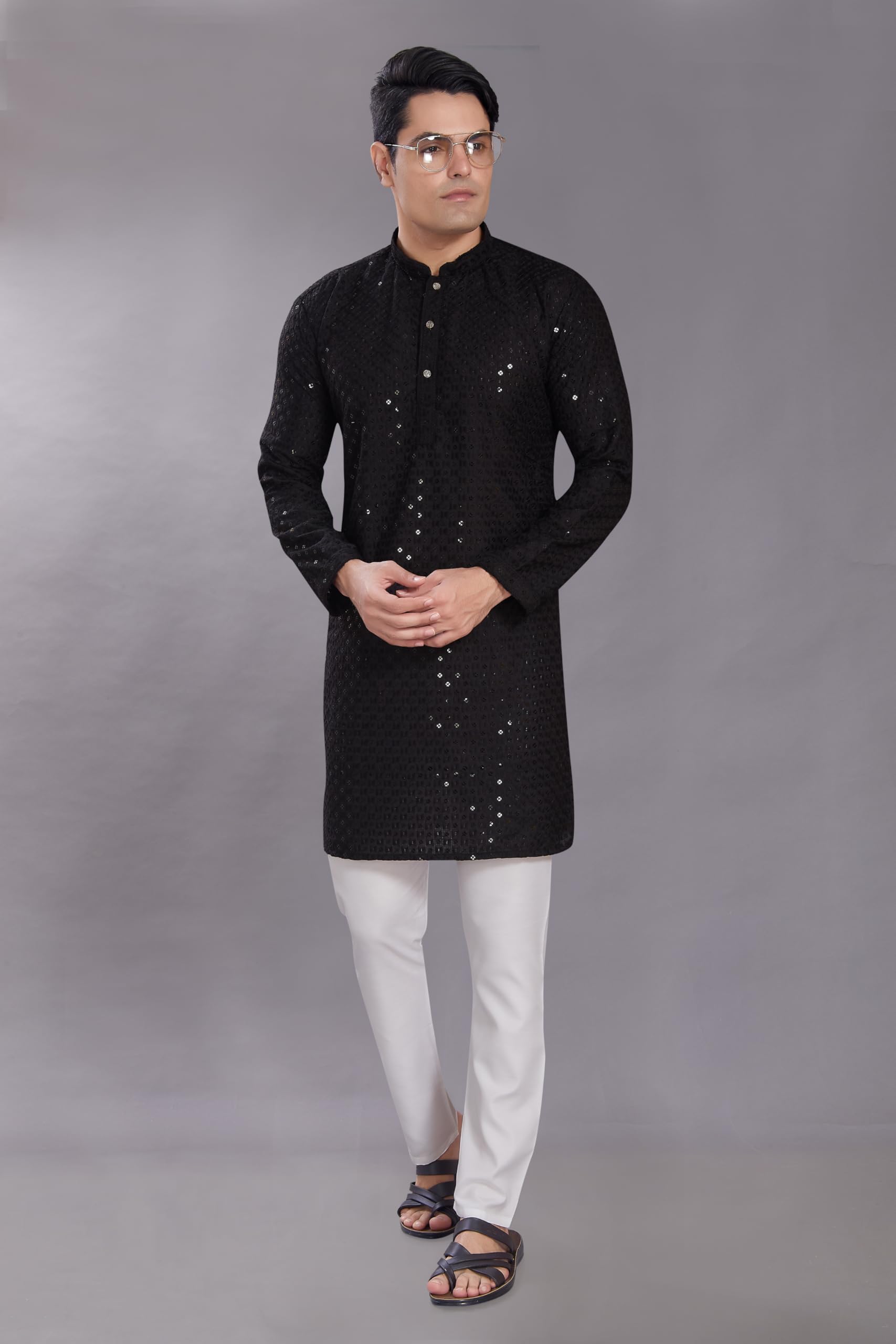 Divisive Men's Sequince Embroidered Cotton Blend Only Slim Fit Kurta (Dkrt555_S_Black)