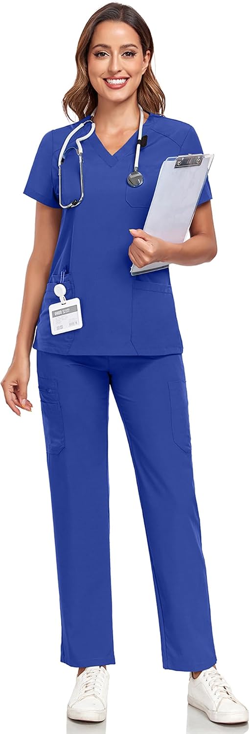 Scrubs for Women Sets, Stretch V-Neck Scrub Top & Cargo Pants with Multi Pockets, Anti-Wrinkle