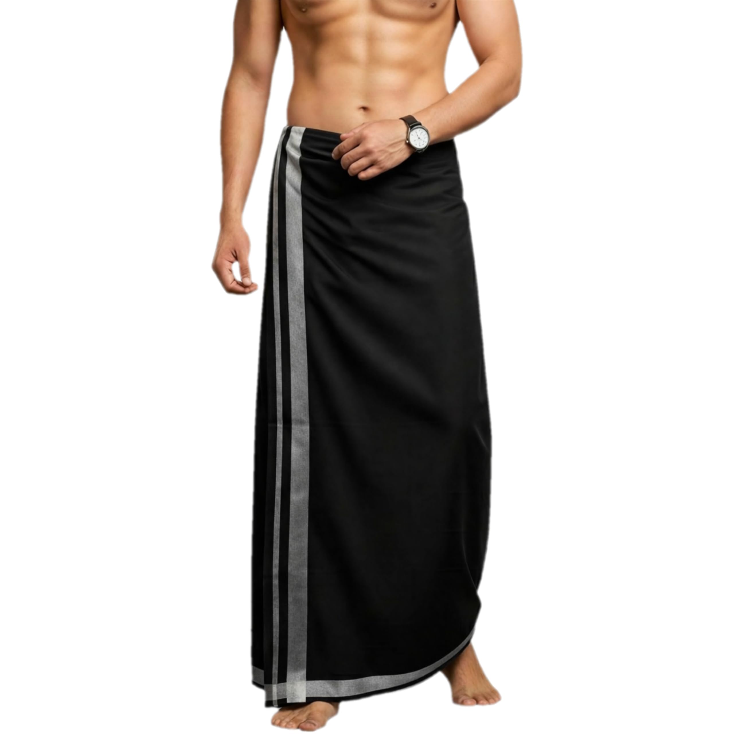 Stitched Cotton blend black Lungi for Men, 2.00 Meters, South Indian Style, silver/gray Jari Border, Traditional Dhoti Mundu-image-6