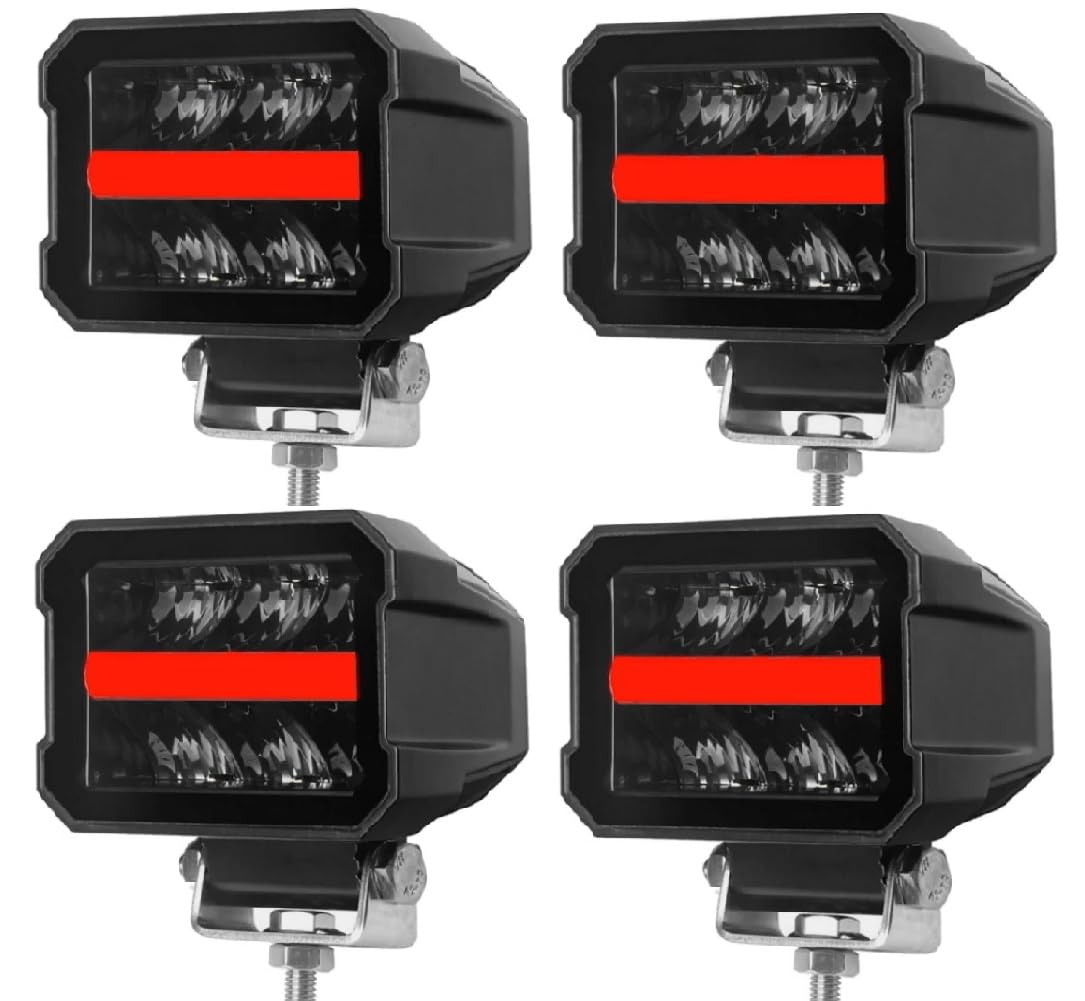 4 Phares de Travail Auxiliare LED 12V 24V 25W 2200lm Projecteur Longue Portée + Feu de Position Rouge Orange Clignotant Feu Recul Homologation ECE E9 R112, R10 Feu de Route Camion Poids Lourds VTT 4x4