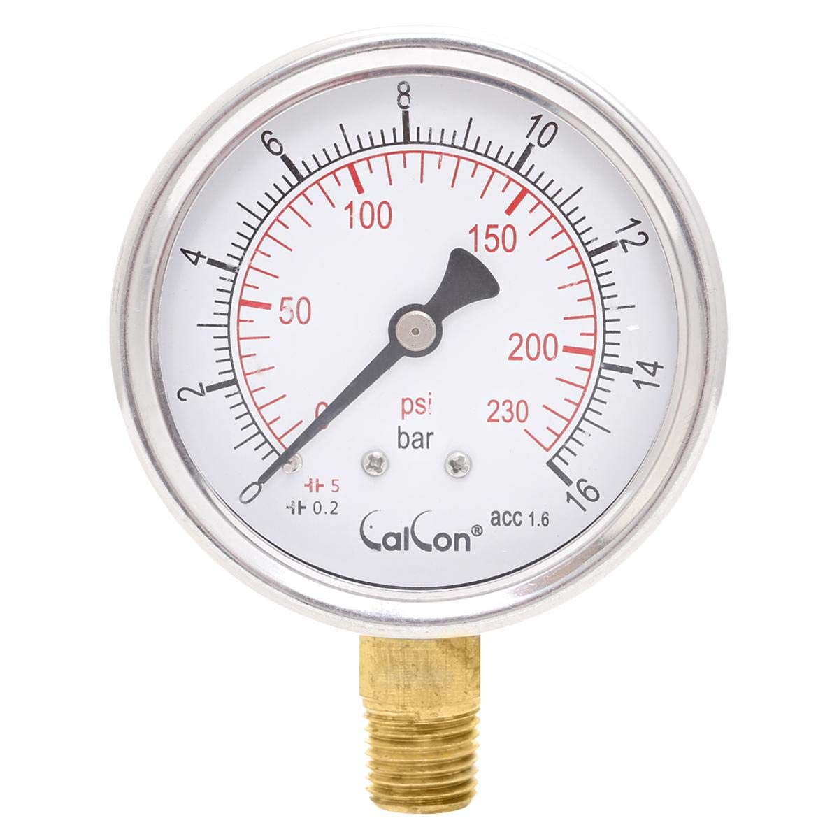 Pressure Gauge, CC-10-A-63mm, 1/4 Inch NPT Bottom Connection 0+16 Bar / 0+230 PSI SS304 Casing, Tube or Socket - Brass