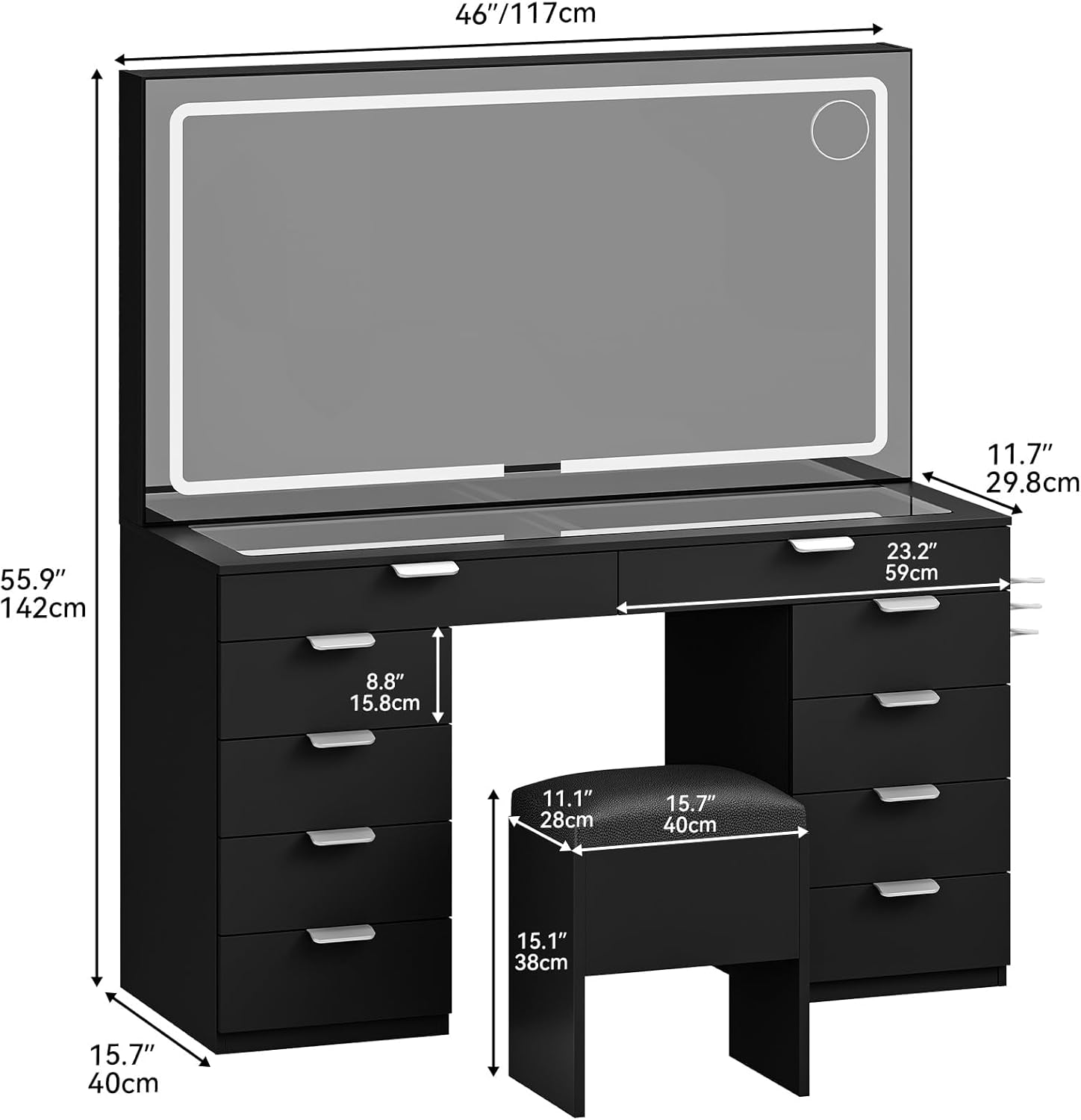 DWVO Vanity Desk Set with LED Mirror, Magnifying Glass & Charging Station, 46" Makeup Table with 10 Drawers, Hair Dryer Holder & Storage Stool