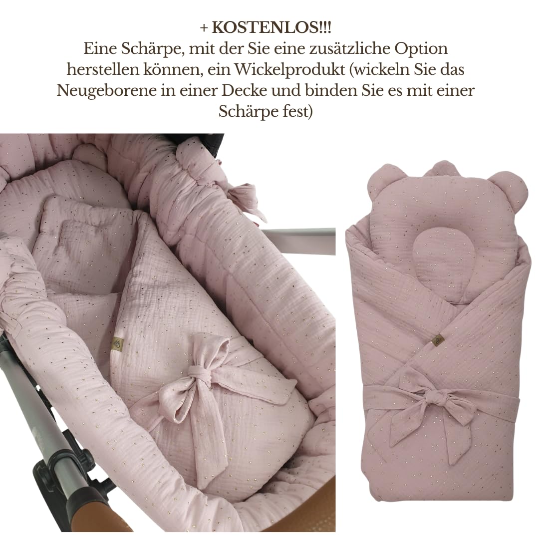 WIKLINOPOL - Moisés completo con cesta de moisés natural, colchón y ropa de cama de algodón 100% en color lila dorado, espacio seguro para dormir con ruedas y freno, modelo Amelia