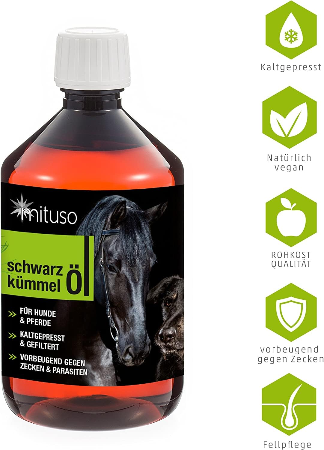 mituso Aceite de comino negro para animales, 3 x 500 ml, prensado en frío y 100% puro, rico en ácidos grasos insaturados, biotina, vitaminas y minerales, sin aditivos artificiales, ideal para el