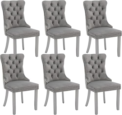 Miniatura 69 de Juego de 4 sillas de comedor de terciopelo beige, sillas tapizadas modernas para comedor con respaldo capitoné y acentos de madera, patas curvas de