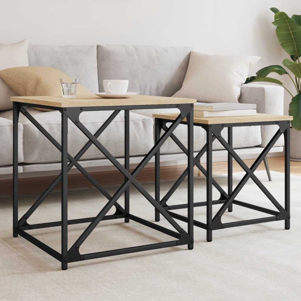 Juego de 2 mesas de café de roble Sonoma, 50 x 50 x 52,5 y 40 x 40 x 44,5 cm, estructura de metal, ahorro de espacio