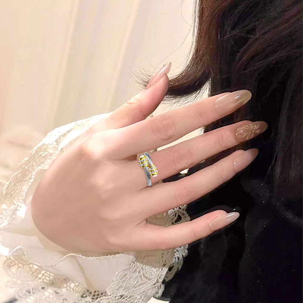 Twisted Cable Wire Rings for Women Stainless Steel Adjustable Ring Open Cuff Design Fits 70-90mm Fingers Cable Chain Cubic Zircon with Steel Balls - Image 4