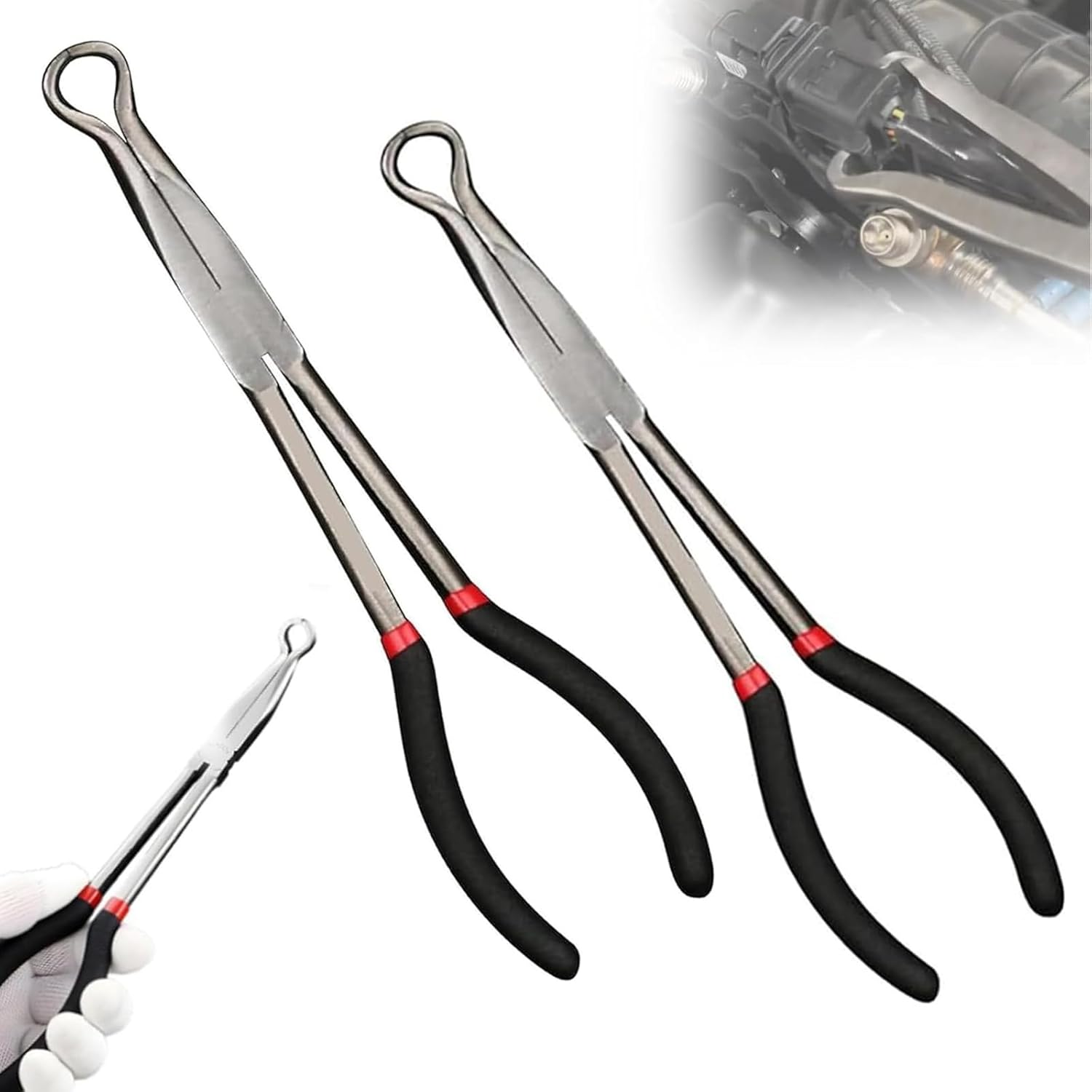 2Pcs Electrical Disconnect Pliers, 11" Automotive Electrical Disconnect Pliers Set, Radiator Hose Clamp Pliers Automotive, Long Spark Plug Removal Pliers for Electrical Connectors
