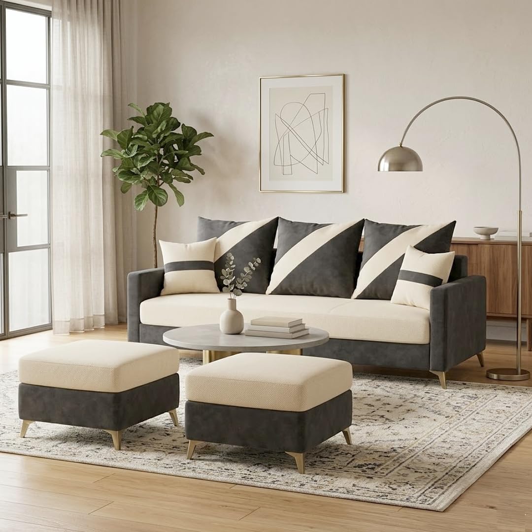 CASASTYLE Canva 5 Seater L Shape Sofa Set with 2 Movable Ottoman | Flexible Left or Right Layout | Cozy Velvet Fabric | Soft Touch Seating | Modern Designer Sofa for Living Room (Cream-Dark Grey)