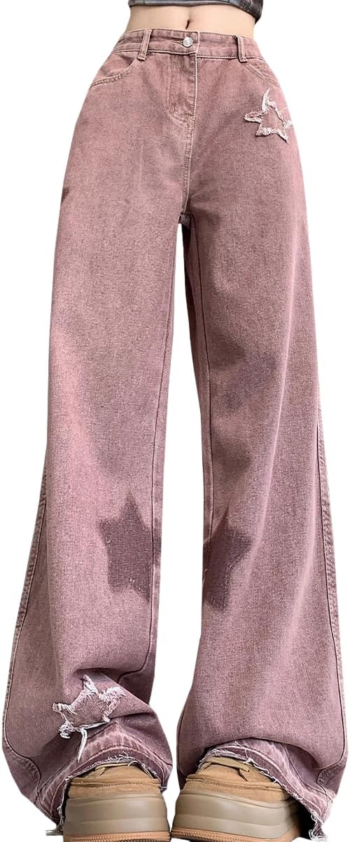 Y2K Casual High Waisted Straight Leg Jeans Womens Fashion Vintage Star Printed Fringe Baggy Denim Pants