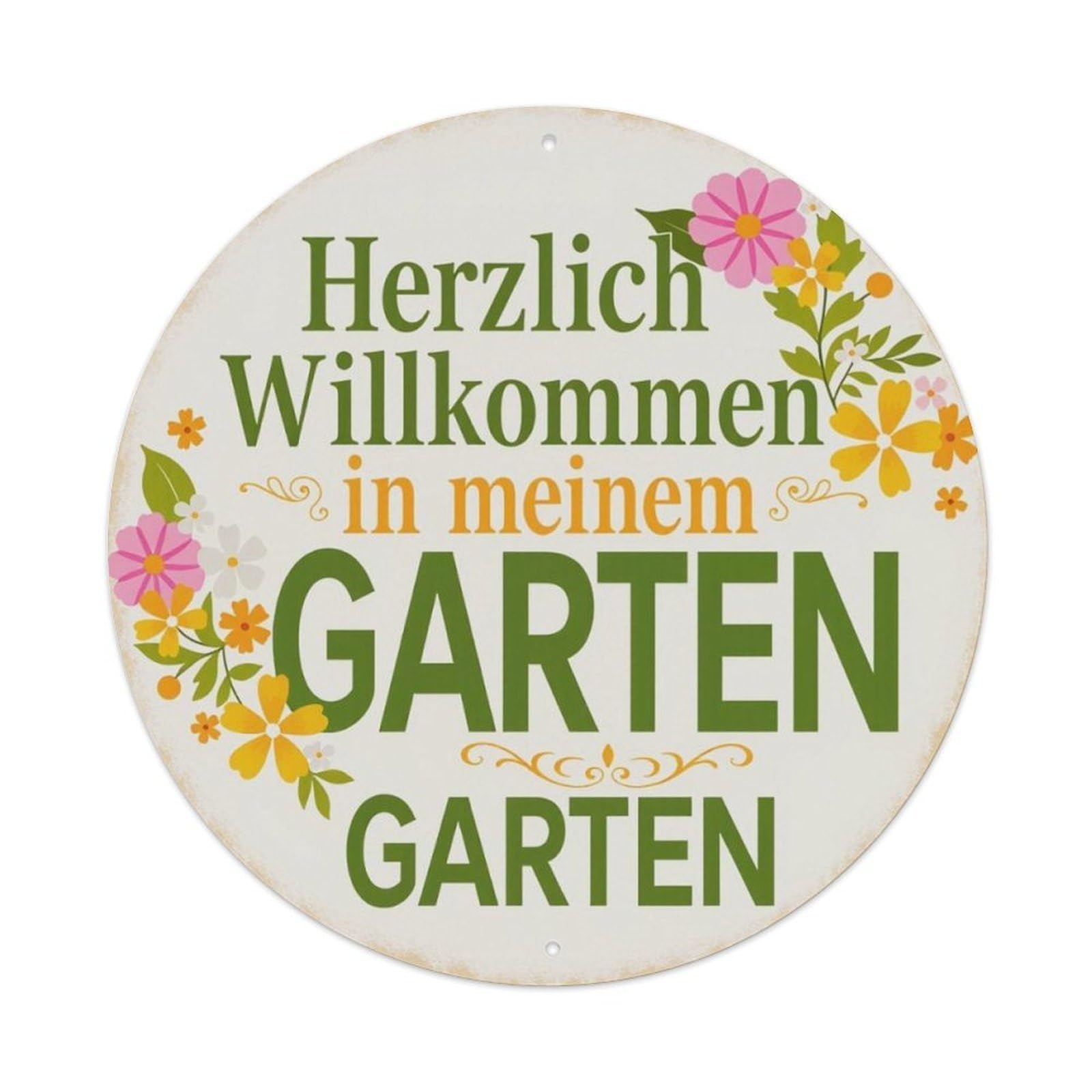 Floral German Welcome Garden Round Decor Sign Vintage Aluminium Metal Sign, Retro Wall Decor for Home, Bar, Garage & Farmhouse 20x20cm