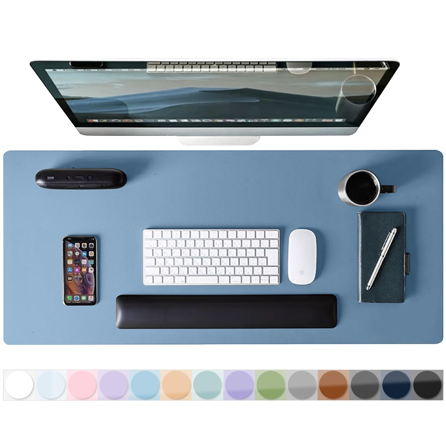 Desk Pad Protector Mouse Pad, Non-Slip Computer Mat, PU Leather Office Desk Mat, Waterproof Desk Pad for Keyboard and Mouse, Laptop Desk Blotter Pad for Home and Office, Denim Blue (17''X36'')