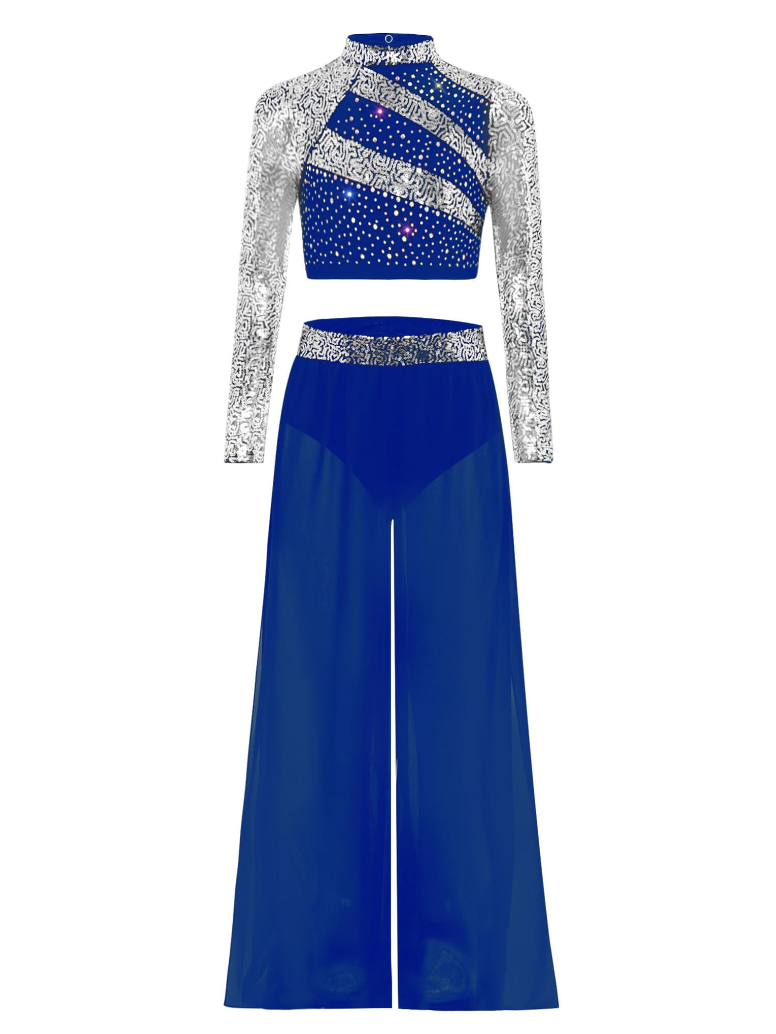 Freebily Costume Danse Latin Jazz Enfant Fille Ensemble Pantalon Évasé et Haut Danse Lyrique Compétition Spectacle Tenue Patinage Artistique Paillettes