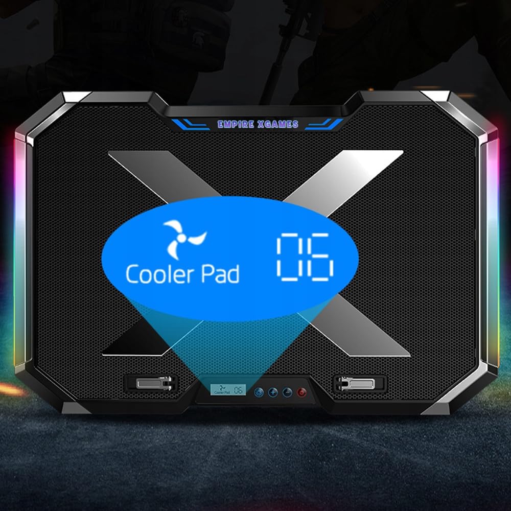 Q8 RGB LED PC Portable Refroidisseur avec 6 Ventilateurs - Support Ordinateur Portable jusqu'à 18 Pouces - Inclinaison 0-32° - Écran LCD - Fonctionnement Silencieux Environ 25dB - Alimenté par USB