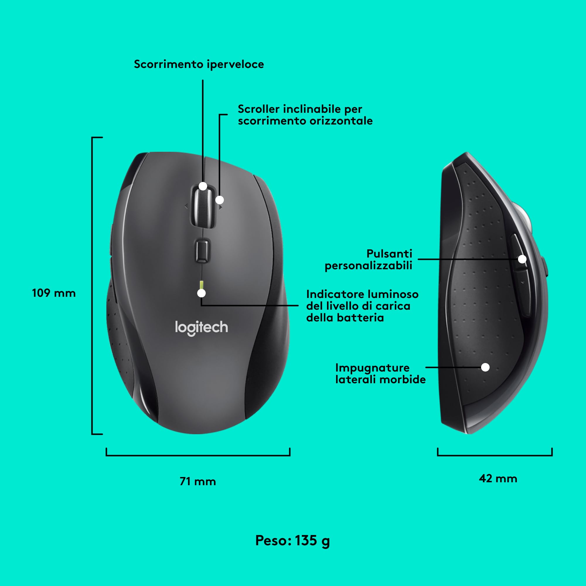 Logitech M705 Marathon Mouse Wireless, Ricevitore USB Unifying 2,4 GHz, 1000 DPI, 5 Pulsanti Programmabili, Durata Batteria di 3 Anni, Compatibile con PC, Mac, Laptop, Chromebook - Grafite