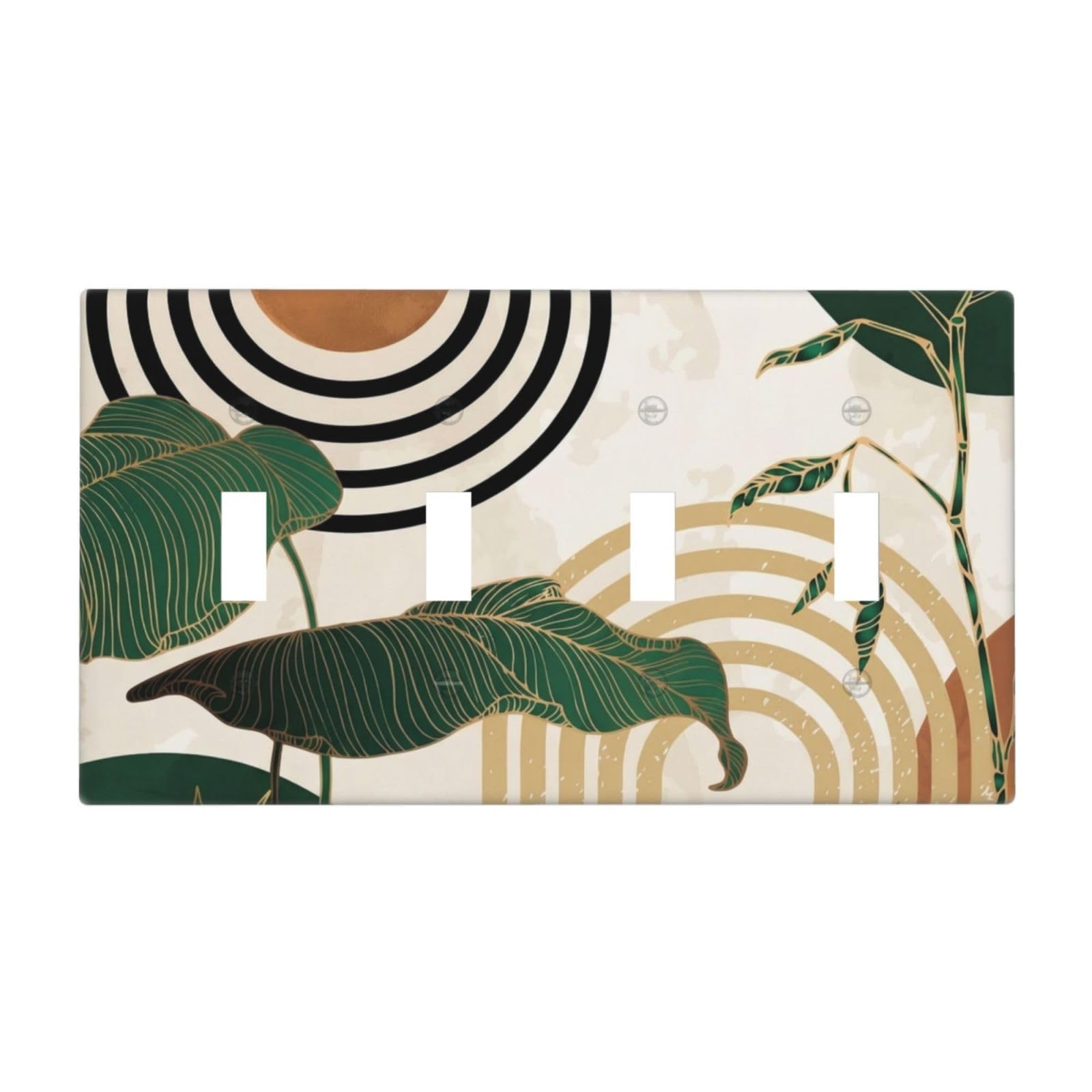 Mid Century Green Boho Sun Leaf Decorative 4 Gang Quad Toggle Light Switch Cover Plate Decorative Electric Quadruple Device Faceplate Switchplate Screwless