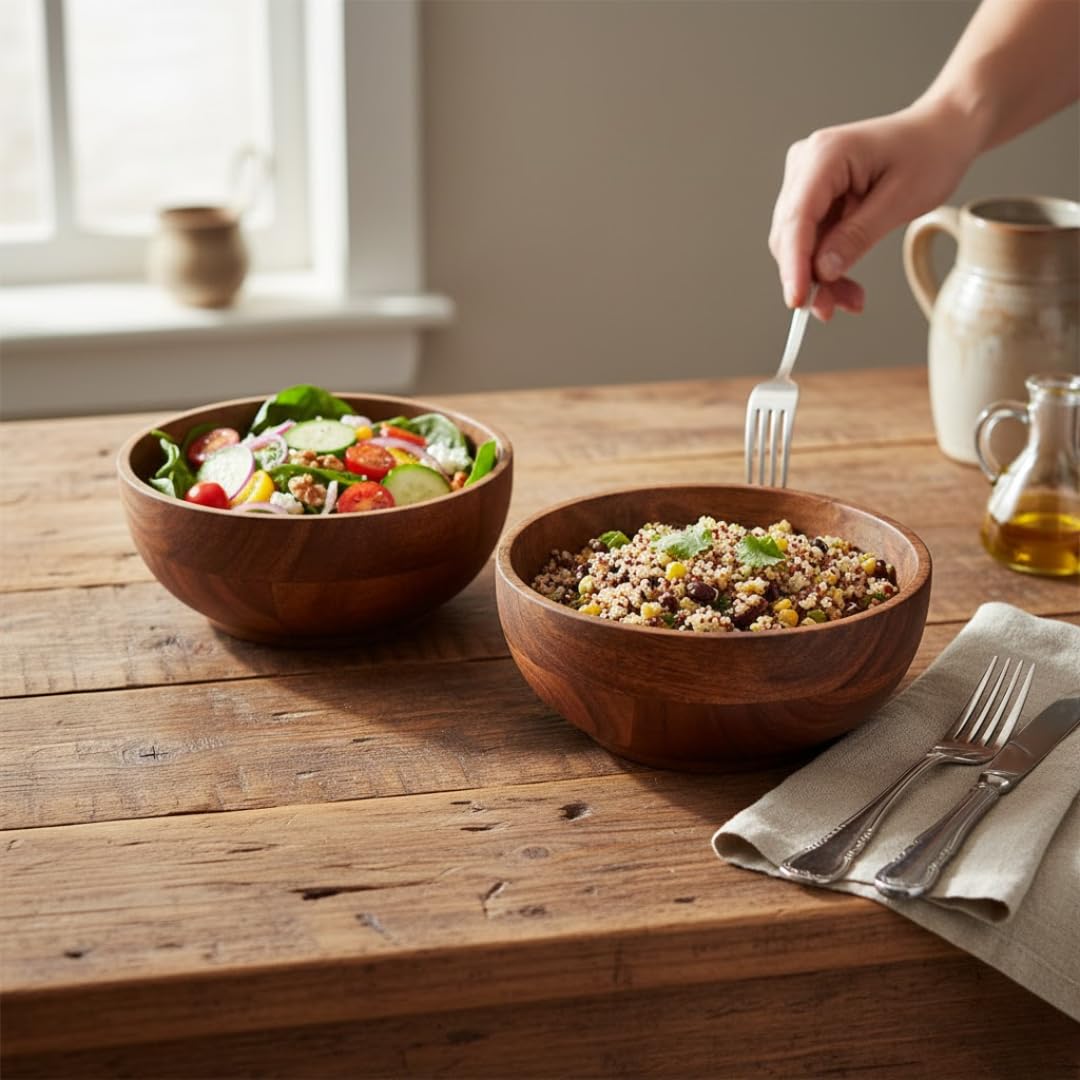 SAAGA Acacia Wood Round Bowl Set of 2 | 5 x 2.25 Inch Natural Wooden Serving Bowls for Soup, Salad, Fruits, Snacks, Dry Fruits, Vegetables & Dessert | Food-Safe Rustic Tableware