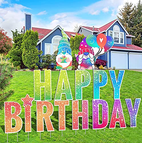 LUCKKYY 15 Packs Happy Birthday Yard Signs with Stakes â€” 15â€ Large Colorful and Weatherproof Lawn Sign Letters and Gnome â€“ Birthday Yard Lawn Party Supplies