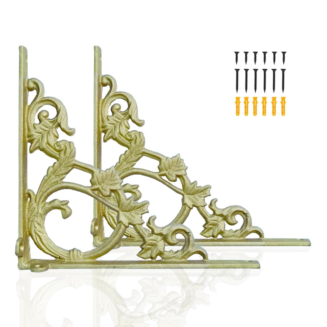 Z METNAL Cast Iron Shelf Brackets, 240mm Gold Shelves Bracket, Wrought Iron Brackets, Victorian Scroll Wall Decor for Bedroom Kitchen Living Room, Shelving Bracket for DIY Floating Shelves, 2 Pcs