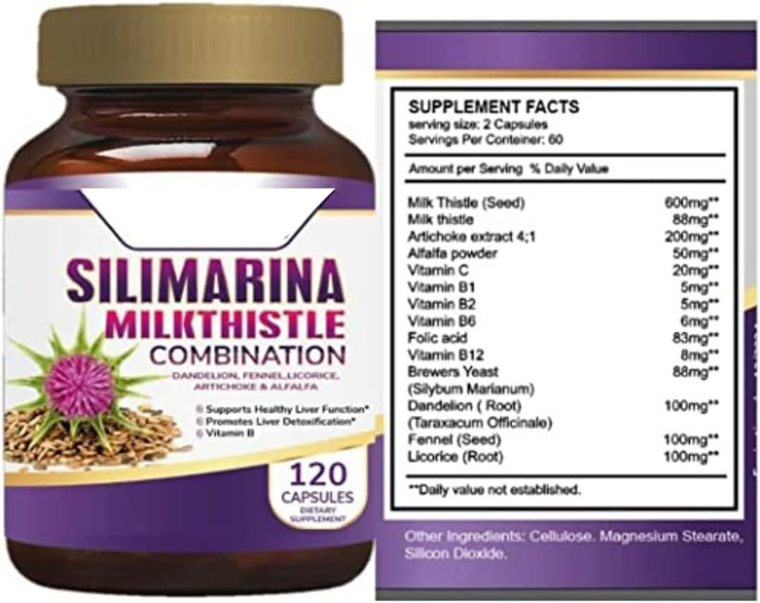 Pastillas para el hígado graso | Silimarina para el hígado graso | 120 Capsules with Silymarin, Dandelion, Fennel, Complex B, Licorice. - Image 2