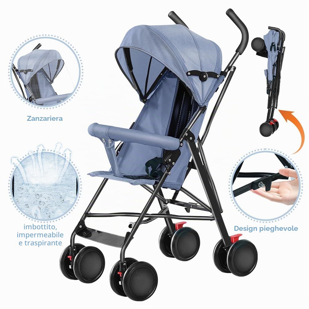 Passeggino Canne, 0-4 anni, 0-22 kg, passeggino leggero e compatto, schienale reclinabile, imbracatura a 5 punti, pieghevole Pousette da viaggio con baldacchino e zanzariera, ruote antiscivolo