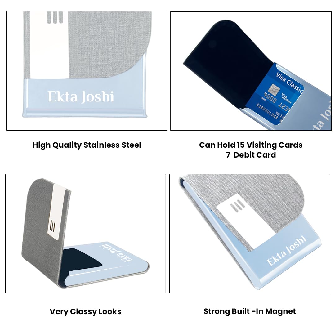 Giftana Personalized Card Holder with Name Engraved, Jute Steel Professional Business Card/Debit Credit Card Holders for Men and Women, New Year Gift for Employees (1.5 x 9.5 x 6.5 cm - Grey) 3