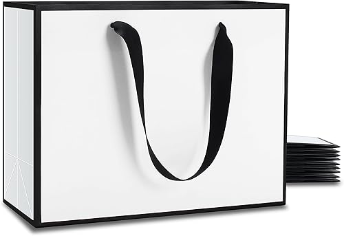 YACEYACE Bolsas de regalo blancas y negras a granel, 10 bolsas de regalo de 10.5 x 4.25 x 8 pulgadas, tamaño mediano, bolsa de papel blanco y negro