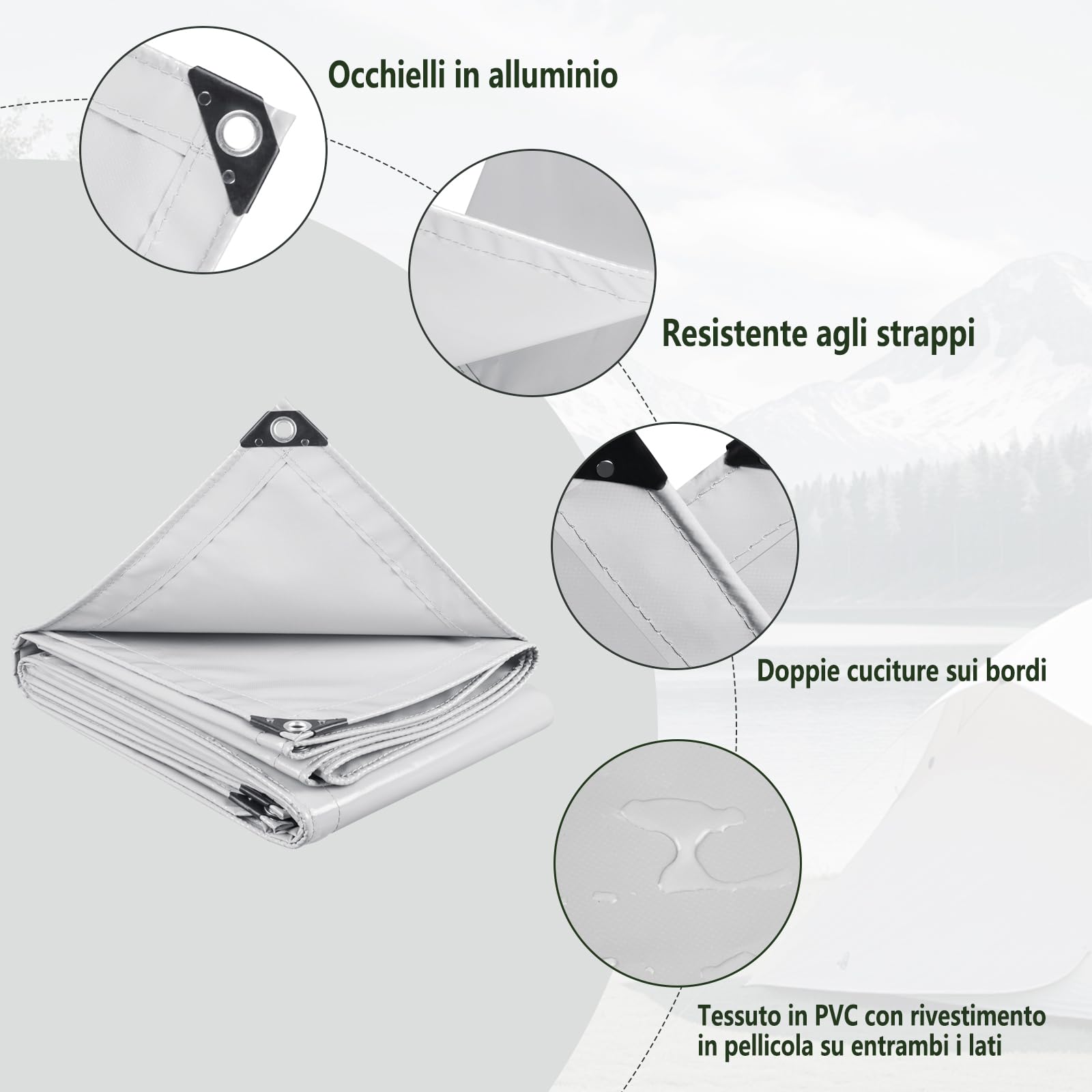 Laneetal Telo Idrorepellente Esterno 2x3m, Telone Occhiellato Idrorepellente Rinforzato PVC 500 g/m², Telo Protettivo Multiuso per Barche, Legno, Piscina, Mobili da giardino, Auto，Grigio