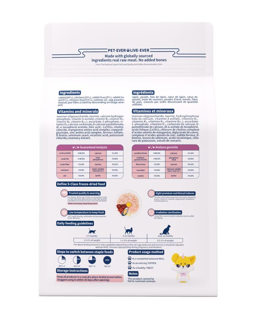 Liofilizowana karma dla kotów, 97% pochodzenia zwierzęcego, miękka, sucha, surowa karma dla kotów, przysmaki dla kotów i dodatki (400 g, królik)