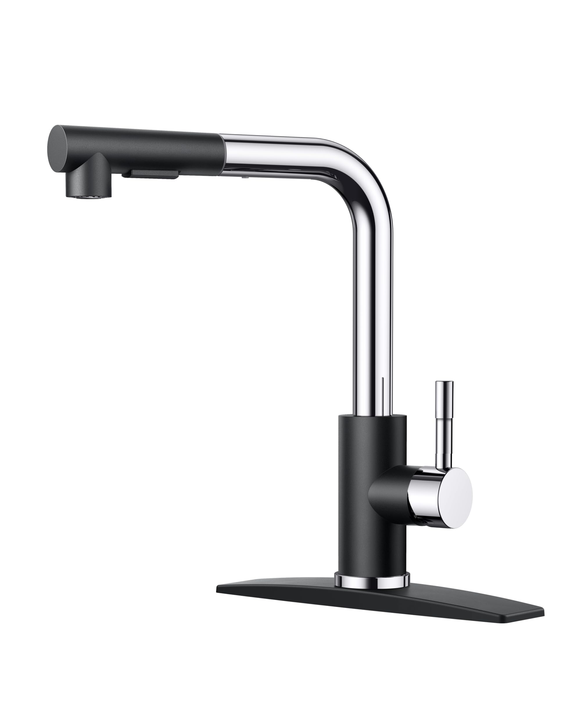 FORIOUS Kitchen Faucets Pull Down Sprayer Stainless Steel, Single Handle Classic Pull Out Sink Faucet with Deck Plate for 1 or 3 Holes, Suitable for Bar RV Farhouse Laundry, Black Chrome