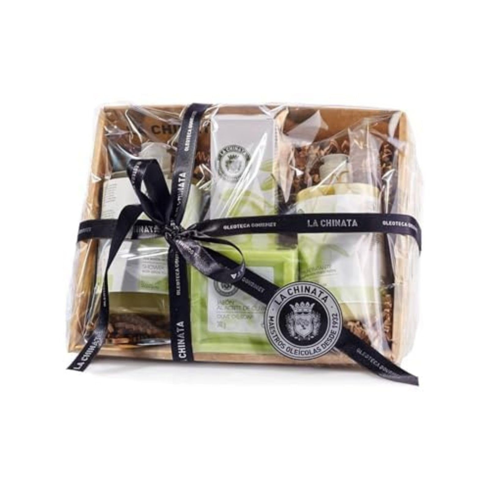 La Chinata Cesta Pequeña Cosmética Nº 1 con AOVE | Pack Cuidado de la Piel con Jabón, Gel de Baño, Crema Hidratante y Crema de Manos y Uñas | Cosmética Natural | Hidratación Piel Sensible | Regalo