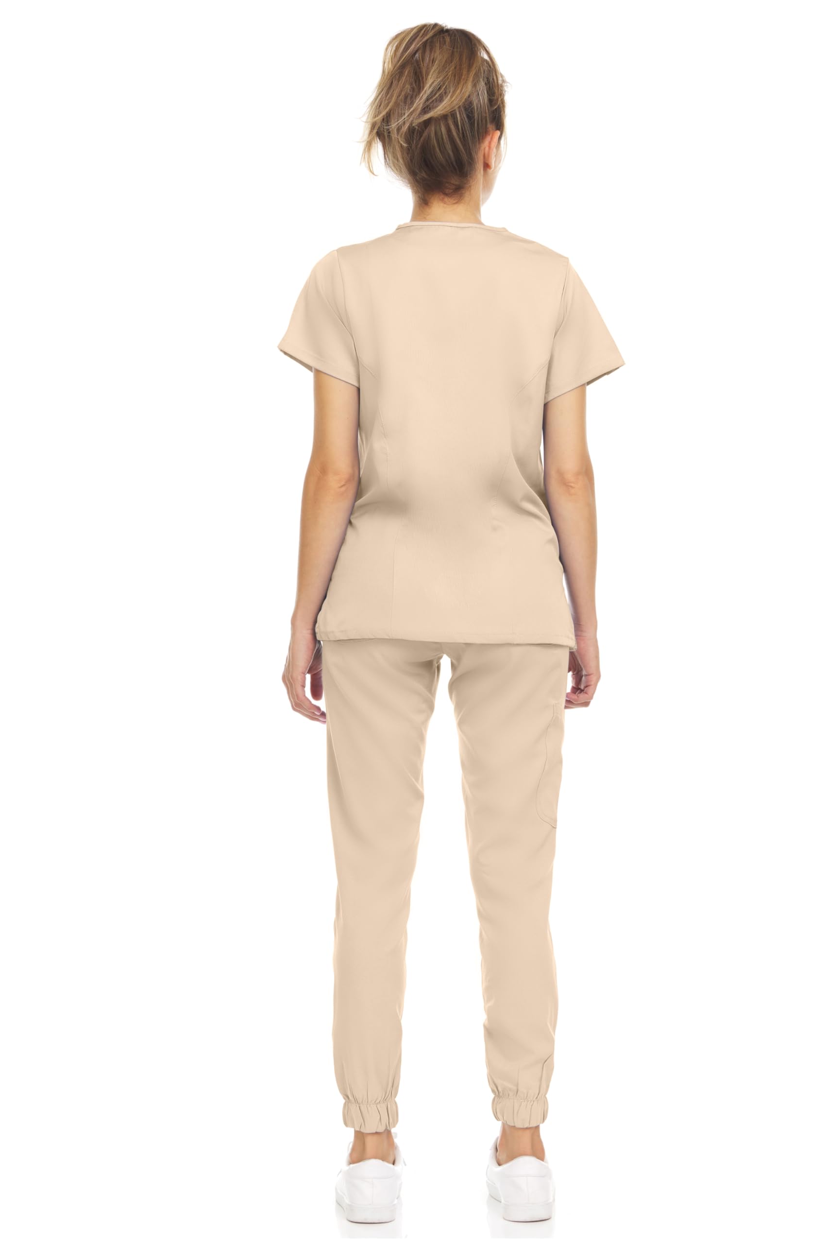 MediChic Scrub Sets for Women – 8-Pocket V-Neck Jogger Scrubs, Anti-Wrinkle, Stretch Medical Nursing Uniforms, Khaki X-Small