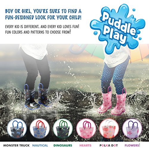 Puddle Play Toddler and Kids Rain Boots with Easy On Handles – Little Kid Size 12 - Girls Purple Flowers Design