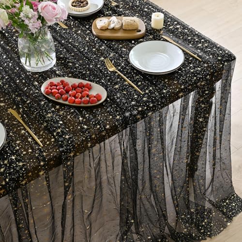 Horaldaily Black Gold Star Gauze Tablecloth 60x84 Inch Rectangular