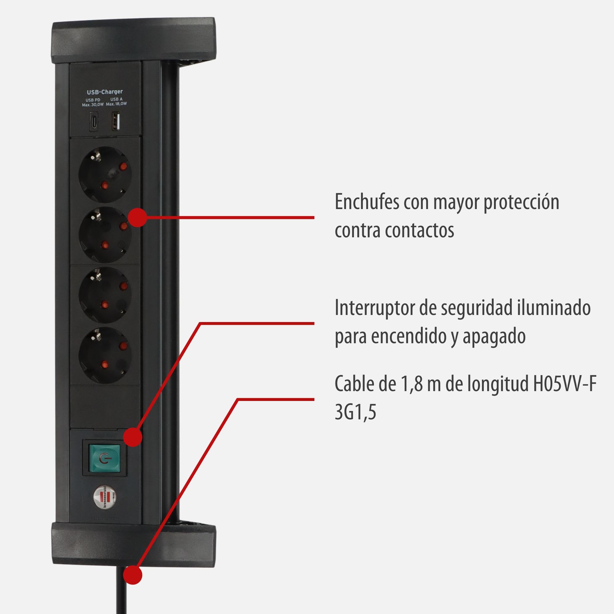 Brennenstuhl Premium Office-Line Regleta de 4 enchufes con USB C PD 30W y USB A 18W (Fabricado en Alemania, regleta con Cable de 1,8m e Interruptor, para el Escritorio) Negro