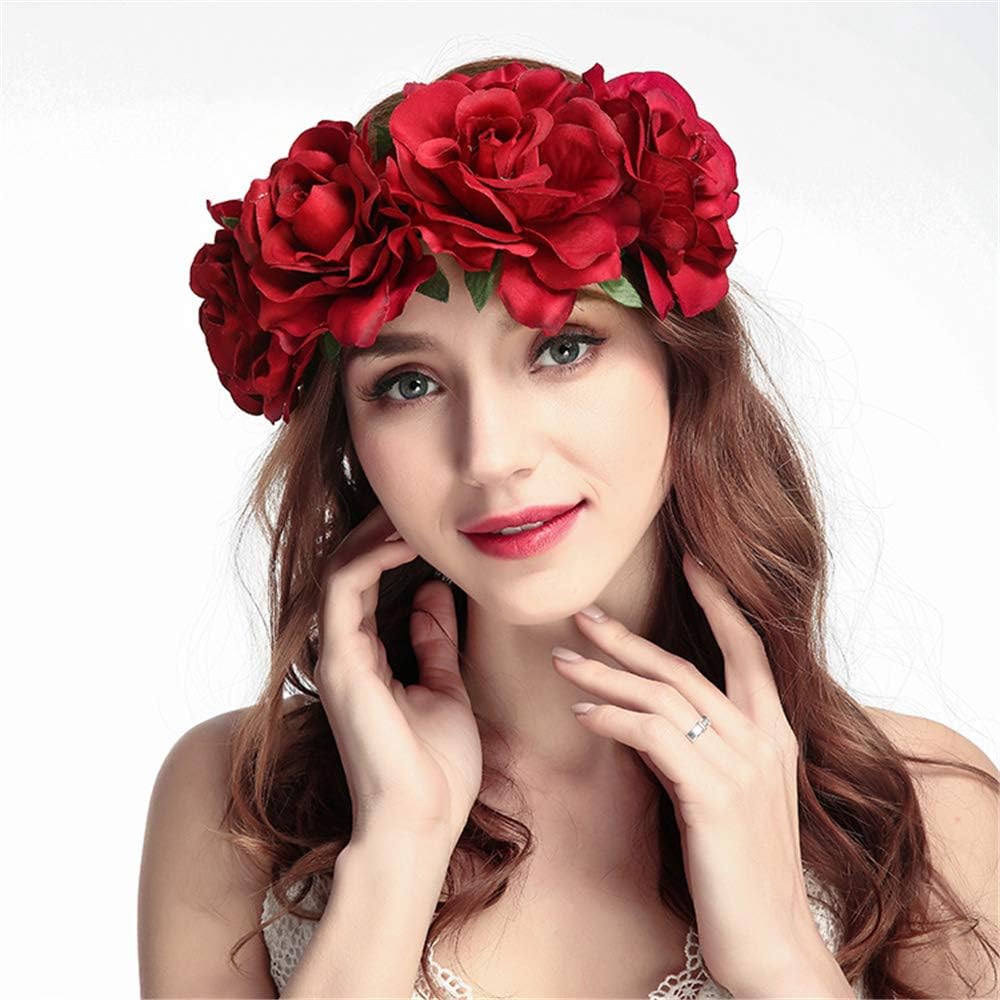 CHSEEA Girl Bride Rose Flower Crown Wedding Festival Headband Hairband Floral Garland Headpiece Hair Wreath with Adjustable Ribbon for Spring Tourism Festival Wedding Garland Party #3
