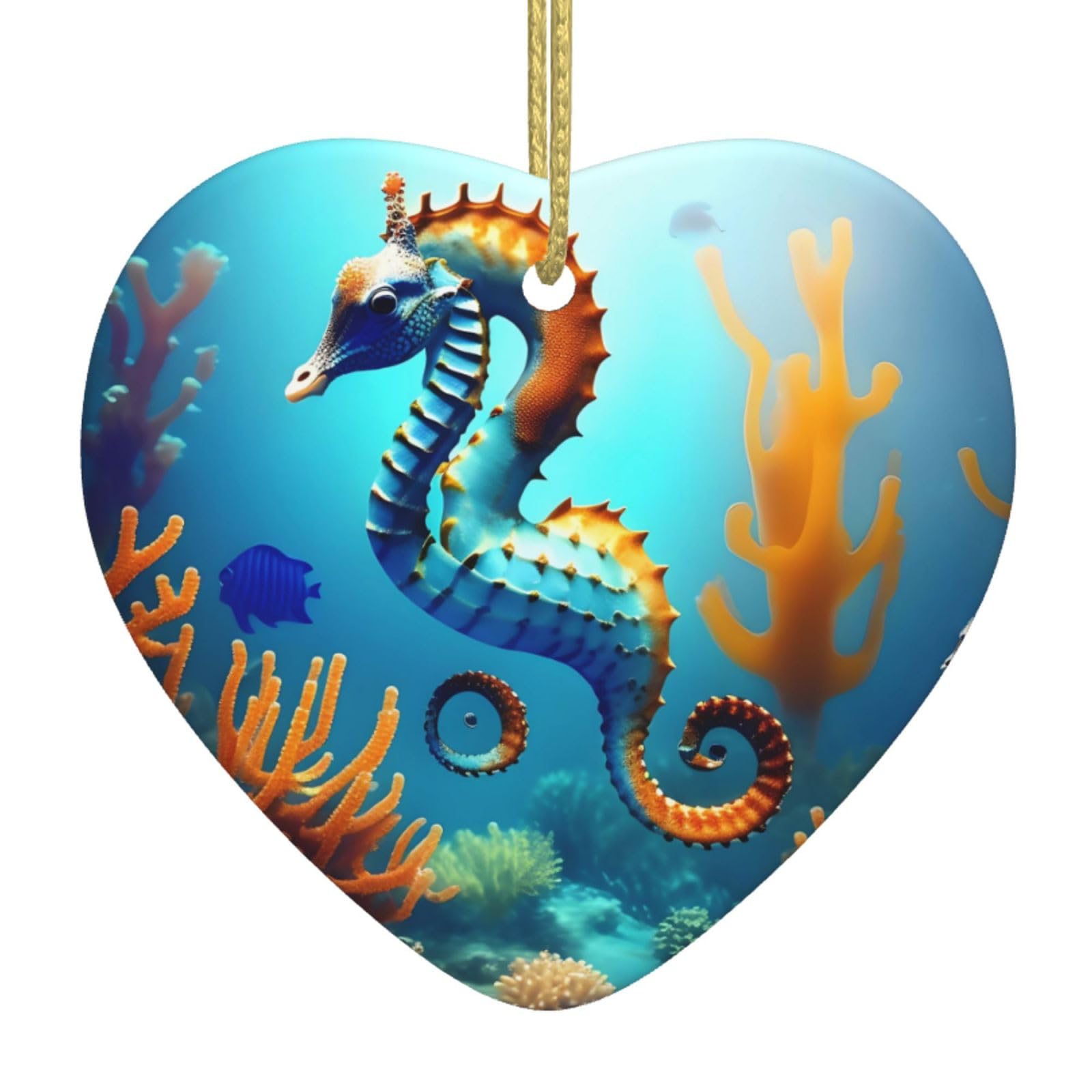 Seabed Coral Seahorse Ceramic Christmas Heart Pendant with Silk Thread, Christmas Tree Home Decoration