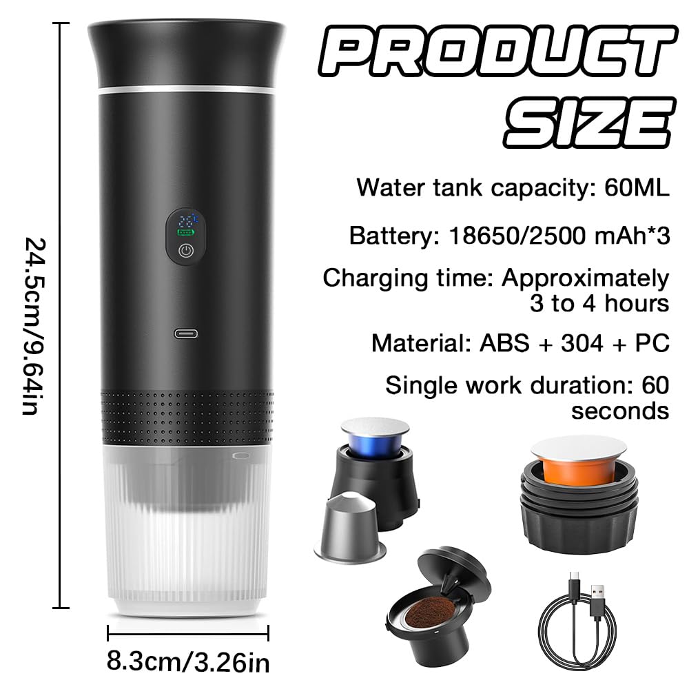 Cafetera Portatil 3 en 1, Cafetera Portatil Capsulas con Display de Temperatura, Batería Recargable USB-C 7500mAh, Máquina de Café Portátil para Cápsulas Pequeñas, Grandes y Café Molido