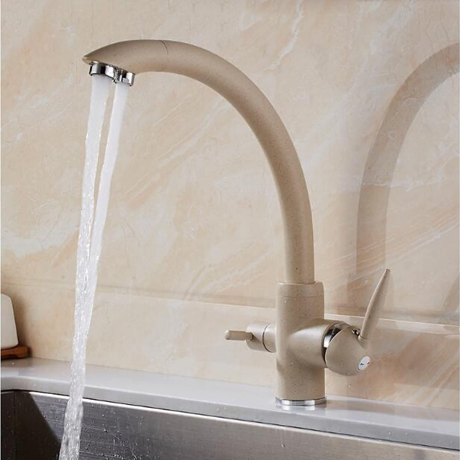 Robinet évier 3 voies beige en laiton massif pour cuisine moderne